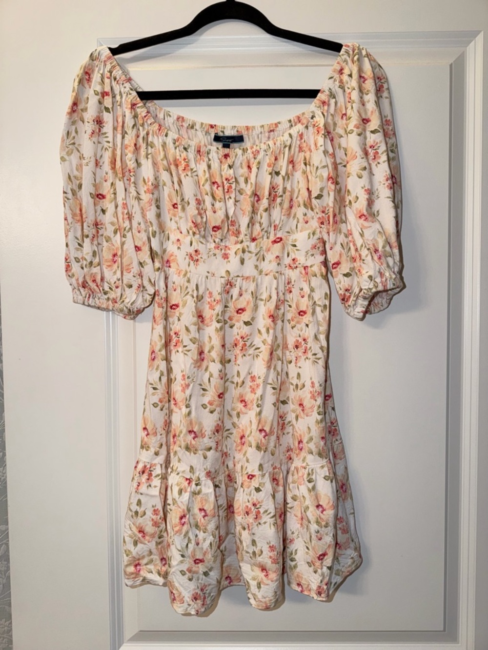 SHORE Women’s Floral Off-Shoulder Mini Babydoll Dress - Cream with Pink Roses